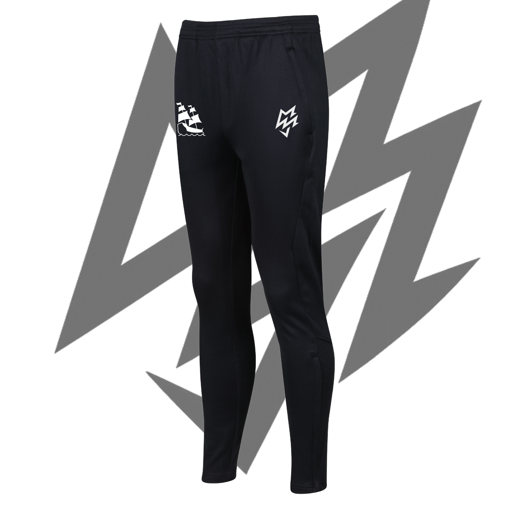 Black pants with white logos on a white background
