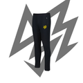 Black pants with a yellow logo on a white background