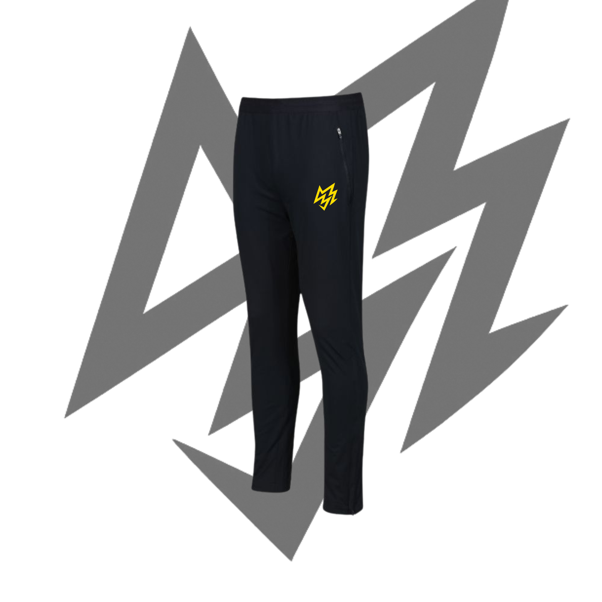 Black pants with a yellow logo on a white background