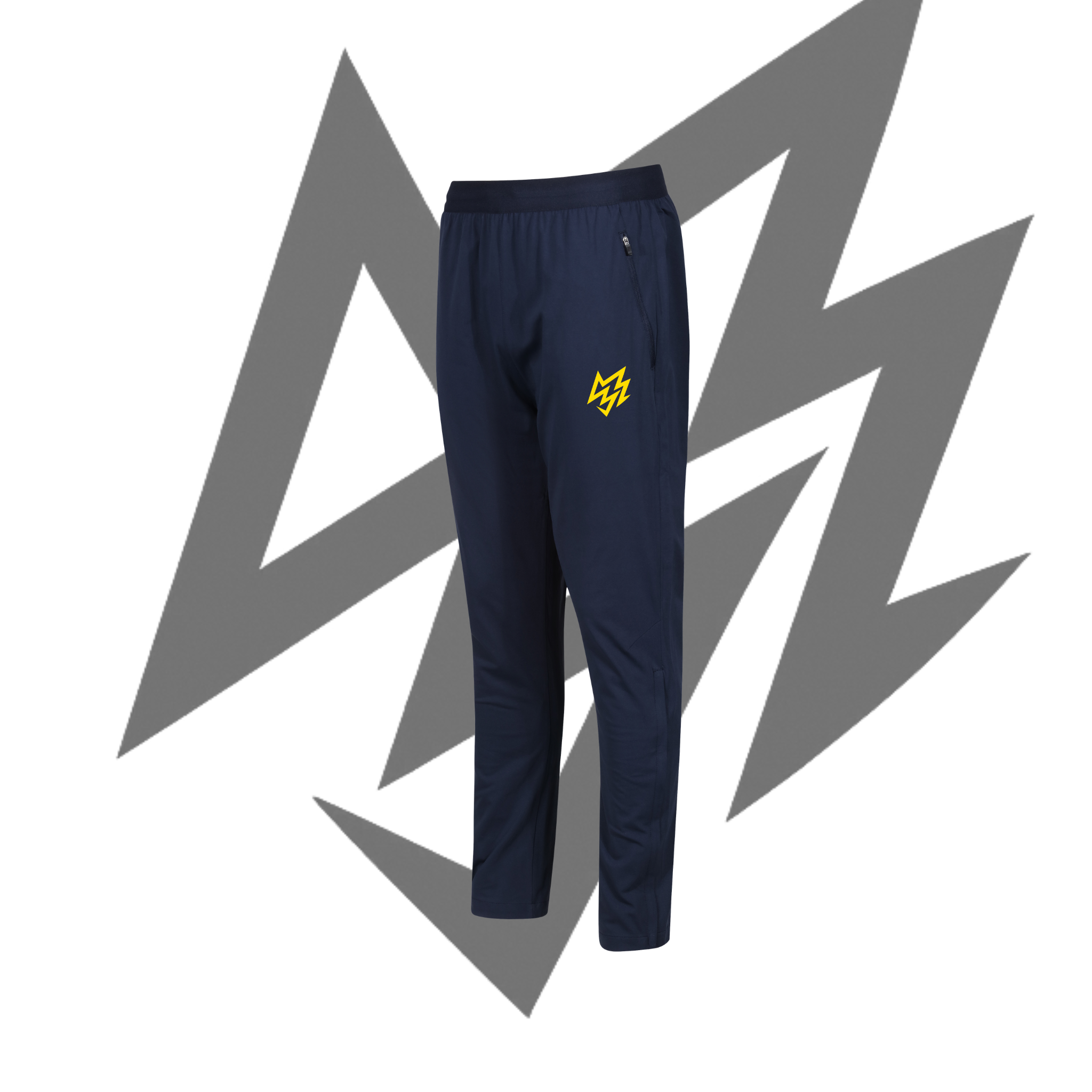 Navy blue pants with a yellow logo on a white background
